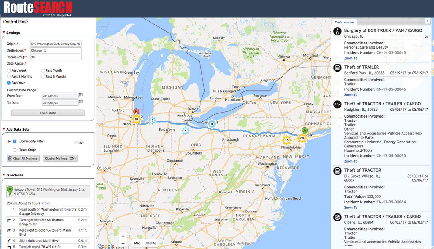RouteSearch Screenshot Jersey City to Chicago